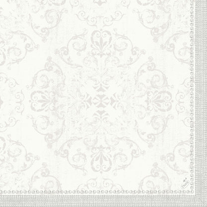 The Dunilin napkins 40 x 40 cm 1/4 fold by Duni GmbH feature a light, ornamental floral and snail pattern with decorative dots and circles, giving any table a subtle, elegant touch with these high-quality napkins.