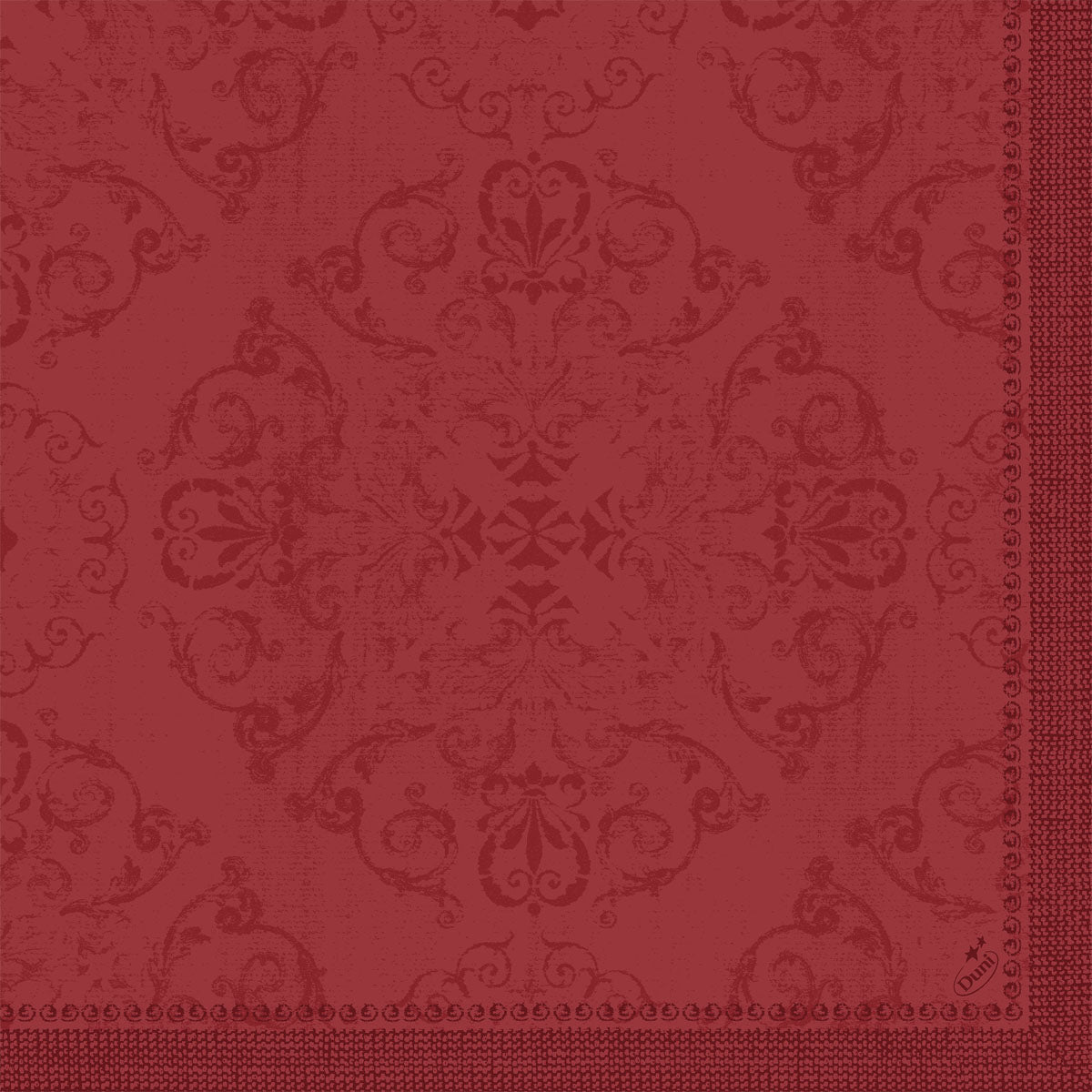 The Dunilin napkins 40 x 40 cm 1/4 fold by Duni GmbH are characterized by a red, ornate, symmetrical floral and snail pattern with a textured look and a decorative border on the right and bottom edge - perfect for the set table.