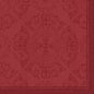 The Dunilin napkins 40 x 40 cm 1/4 fold by Duni GmbH are characterized by a red, ornate, symmetrical floral and snail pattern with a textured look and a decorative border on the right and bottom edge - perfect for the set table.