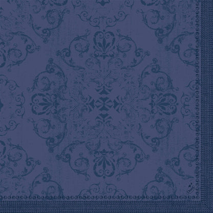 The Duni GmbH Dunilin napkins 40 x 40 cm 1/4 fold with dark blue, ornate damask pattern with floral and scroll motifs and a solid color border on two sides offer a structured, woven look for an elegantly set table.