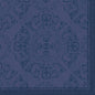 The Duni GmbH Dunilin napkins 40 x 40 cm 1/4 fold with dark blue, ornate damask pattern with floral and scroll motifs and a solid color border on two sides offer a structured, woven look for an elegantly set table.