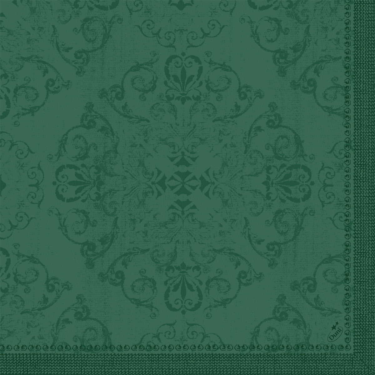 The Dunilin napkins 40 x 40 cm 1/4 fold by Duni GmbH feature a green, ornate floral and vine pattern with a decorative border on two edges and a slightly faded look - perfect for the set table.