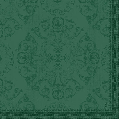 The Dunilin napkins 40 x 40 cm 1/4 fold by Duni GmbH feature a green, ornate floral and vine pattern with a decorative border on two edges and a slightly faded look - perfect for the set table.