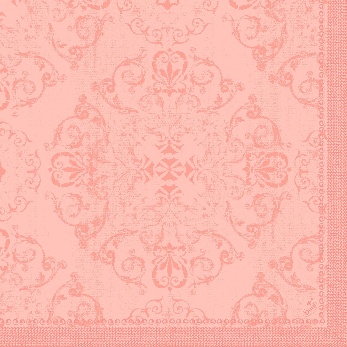 The Dunilin napkins 40 x 40 cm 1/4 fold by Duni GmbH feature a pink ornamental damask pattern with floral and vine motifs, framed from two sides. The slightly aged texture lends it elegance and is perfect for stylishly set tables.