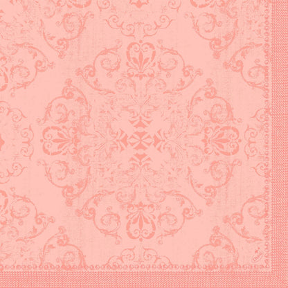 The Dunilin napkins 40 x 40 cm 1/4 fold by Duni GmbH feature a pink ornamental damask pattern with floral and vine motifs, framed from two sides. The slightly aged texture lends it elegance and is perfect for stylishly set tables.