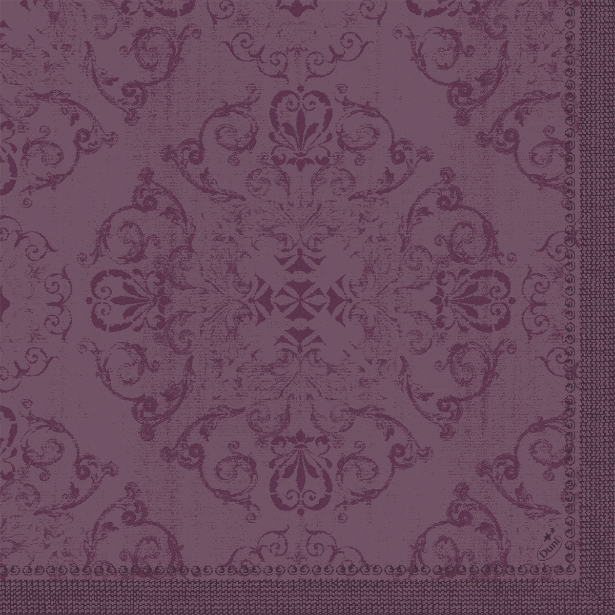 The Dunilin napkins 40 x 40 cm 1/4 fold by Duni GmbH are characterized by an ornate purple damask pattern with floral and vine motifs and a decorative border on the right and bottom edge.