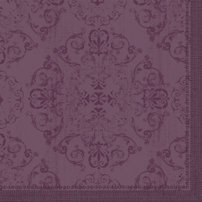 The Dunilin napkins 40 x 40 cm 1/4 fold by Duni GmbH are characterized by an ornate purple damask pattern with floral and vine motifs and a decorative border on the right and bottom edge.