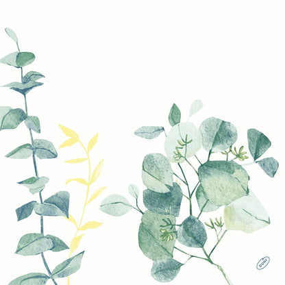 A botanical watercolor illustration with green and yellow leaf branches on white, ideal for Dunisoft napkins 40 x 40 cm 1/4 fold by Duni GmbH.