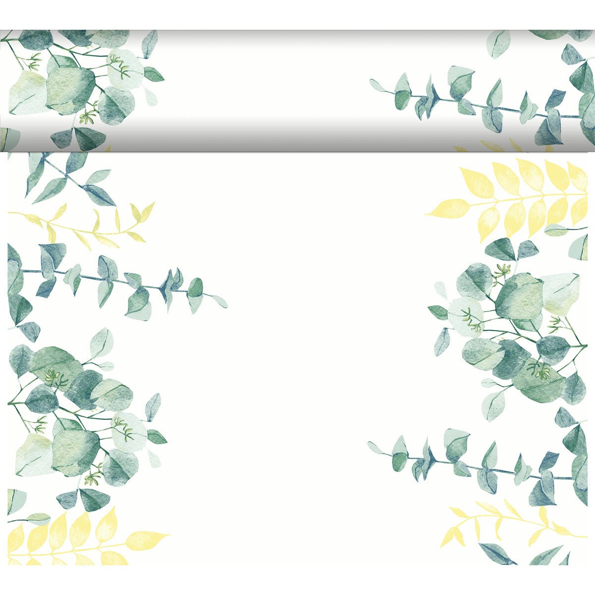 White rectangular frame with green and yellow eucalyptus leaves in a watercolor style, featuring the Duni GmbH Dunicel Tête-à-Tête table runner, 24 m x 0.4 m (20 sections)—ideal for an elegant table setting.