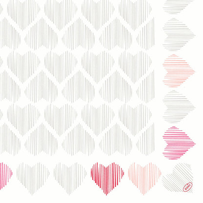 A pattern of outlined hearts in gray fills the image, with red and pink hearts at the right and bottom edge. Ideal for Dunisoft napkins 40 x 40 cm 1/4 fold by Duni GmbH. A small red "GIANT." stamp is located at the bottom right.