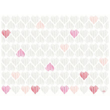 A grid of vertical heart lines in light gray and scattered pink, red, and peach hearts adorns the Dunicel sets 30x40 cm Amour by Duni GmbH-high-quality placemats (pack of 100 pieces)-on a bright white background.