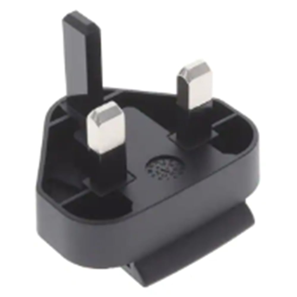 A Kimberly-Clark Professional™ Icon™ Power Adapter - AC/DC in Black by Kimberly-Clark GmbH is depicted against a white background and features two horizontal and one vertical UK pin.