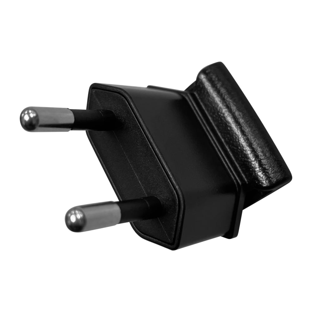 The Kimberly-Clark Professional™ Icon™ Power Adapter - AC/DC in black by Kimberly-Clark GmbH, with metal pins and two prongs, is angled against a white background.