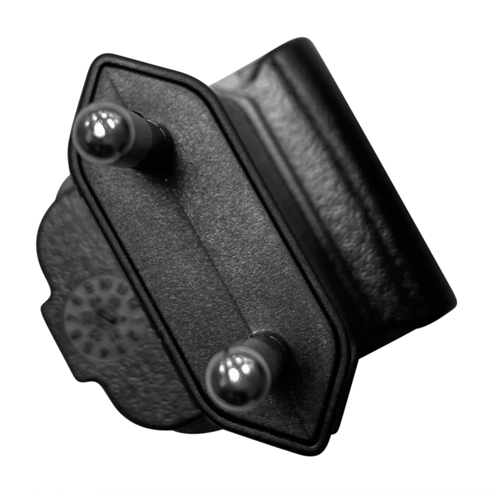 Close-up of a Kimberly-Clark Professional™ Icon™ Power Adapter - AC/DC / Black - by Kimberly-Clark GmbH, with a black rectangular casing and two round metal pins, shown against a white background.