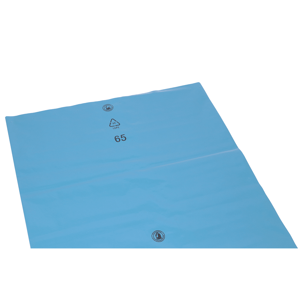 The DEISS 20260 blue plastic film (900x1200x0.08 mm) from EMIL DEISS KG (GmbH + Co.) is a flat, rectangular film with recycling symbols and "65" in black, ideal for surface protection in the food industry. Supplied in cartons of 100 pieces.