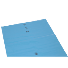 The DEISS 20260 blue plastic film (900x1200x0.08 mm) from EMIL DEISS KG (GmbH + Co.) is a flat, rectangular film with recycling symbols and "65" in black, ideal for surface protection in the food industry. Supplied in cartons of 100 pieces.