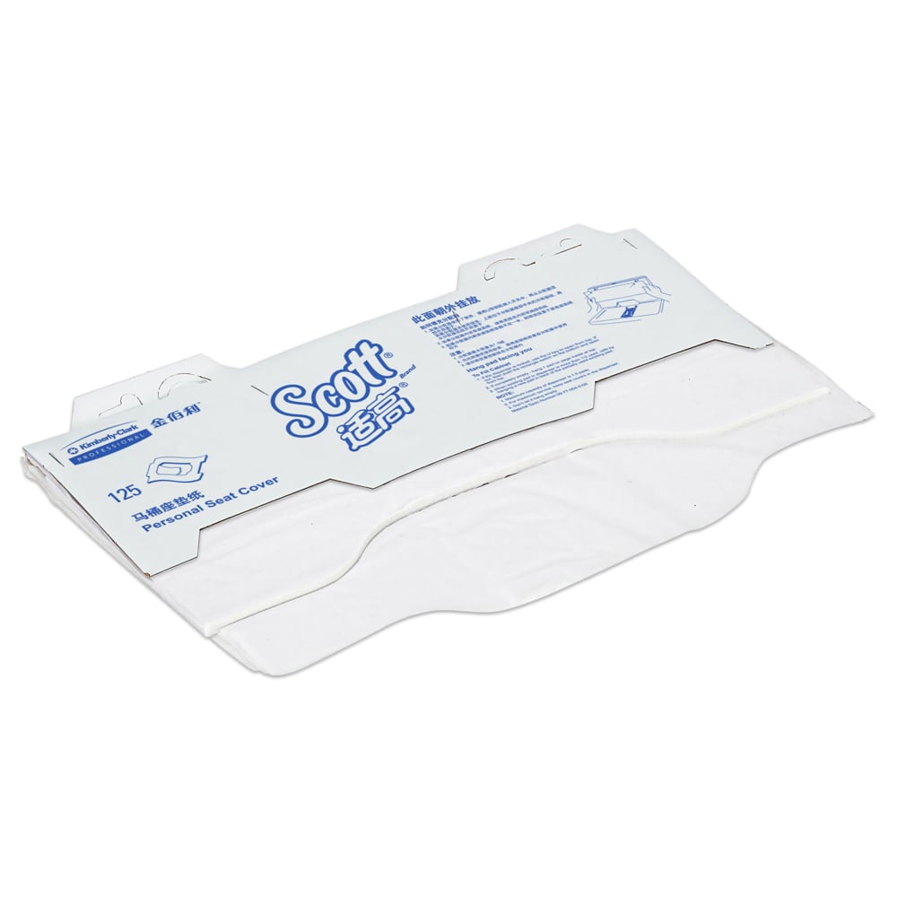 A partially opened package of Scott® Toilet Seat Covers - White (Kimberly-Clark GmbH), 24 bags x 125 packs/box, reveals white seat covers inside; perfect for hygienic toilet use.