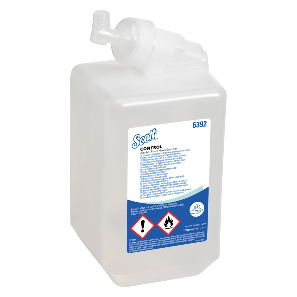 A transparent, rectangular 1-liter cartridge of Scott® CONTROL alcohol-based hand sanitizer foam from Kimberly-Clark GmbH, with a white closure and spout, blue-white label, hazard symbols, and product information; available in boxes of 6 cartridges.