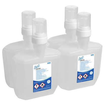 Four transparent 1.2L Scott® CONTROL hand sanitizing foam cartridges from Kimberly-Clark GmbH with white lids and blue-white labels with hazard symbols are arranged in two rows - ideal for effective hand hygiene.