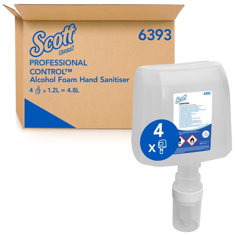 A brown Kimberly-Clark canister labeled "Scott® CONTROL Alcohol-Based Hand Sanitizing Foam" with a transparent 1.2-liter refill pack on the front, both featuring the blue number 4 and a note on hygienic hand disinfection.