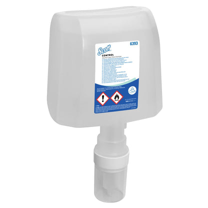 A transparent, rectangular 1.2-liter cartridge of Scott® CONTROL Alcohol-Based Hand Sanitizing Foam from Kimberly-Clark GmbH, with a bottom spout and blue label with hazard symbols; available in cartons with 4 electronic cartridges.