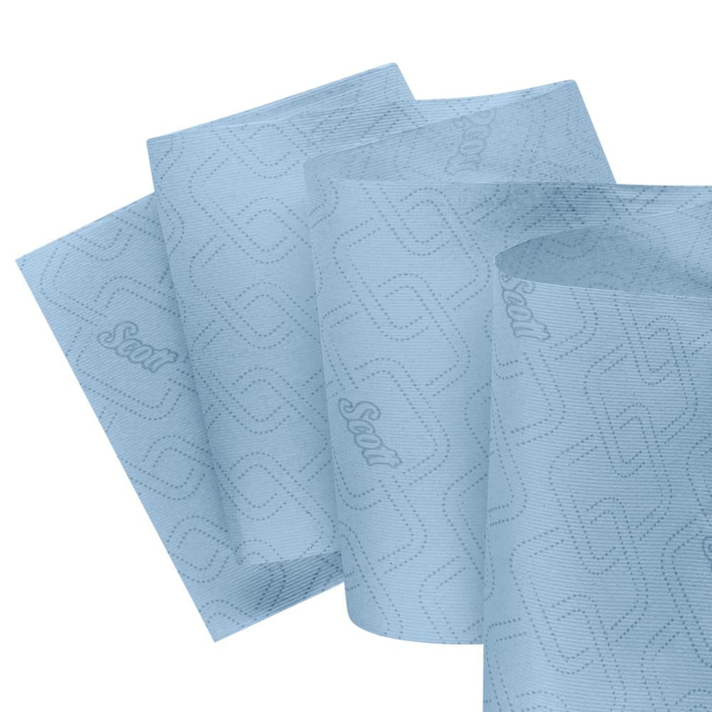 Six blue Scott® Essential™ towel rolls from Kimberly-Clark GmbH overlap on a white background. They are embossed with a pattern and the repeated "Scott" logo - ideal for anyone looking for hygienic paper towels.
