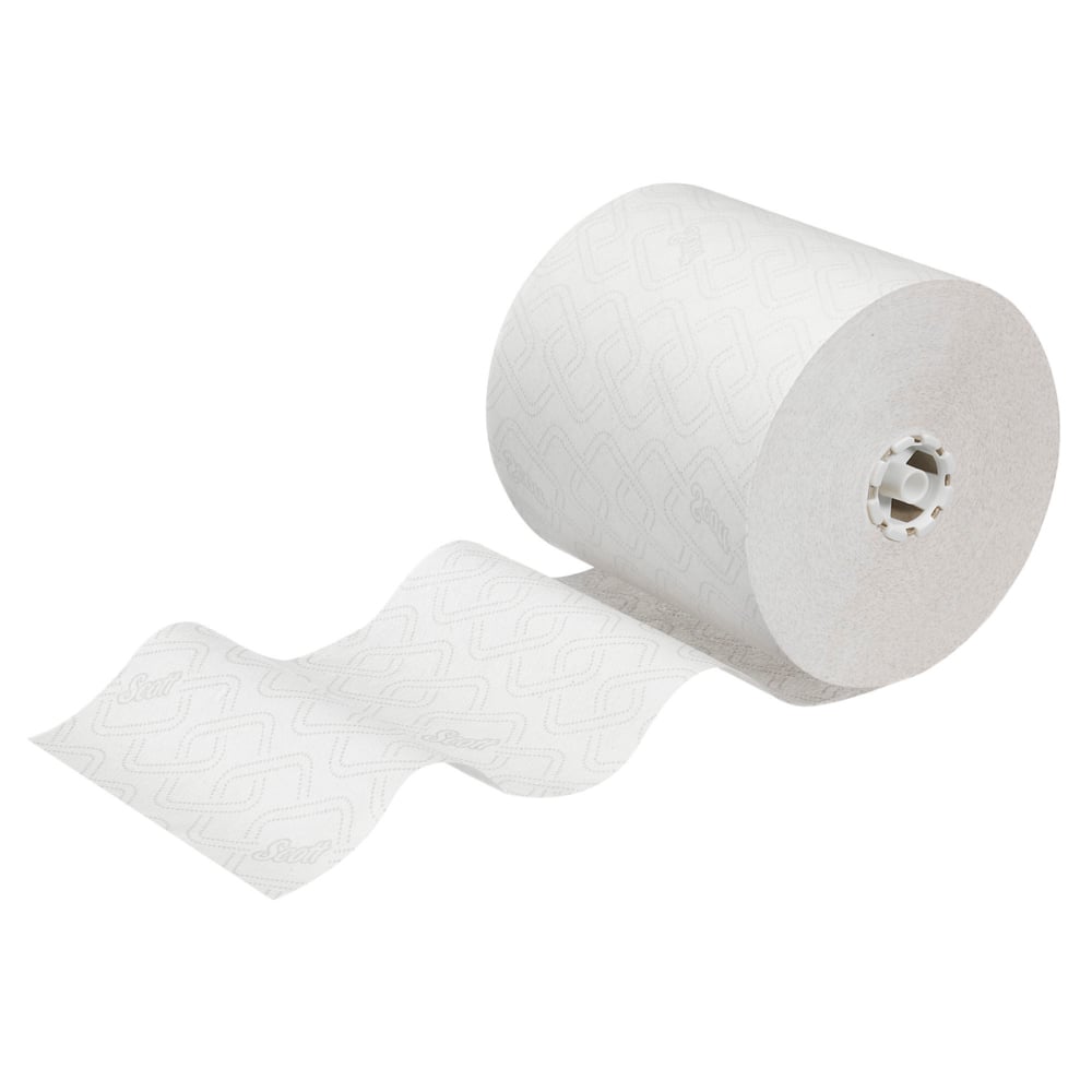 A large Scott® Essential™ paper towel roll from Kimberly-Clark GmbH is partially unrolled and shows embossed patterns on the white sheets, ideal for hygienic hand cleaning. Packaging: 6 rolls x 1 sheet per box.
