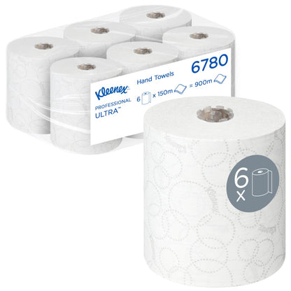 Kimberly-Clark GmbH Kleenex® ULTRA™ hand towels - 6 rolls of 150 m each, hygienically individually wrapped - a total of 900 m white paper towels in a box.