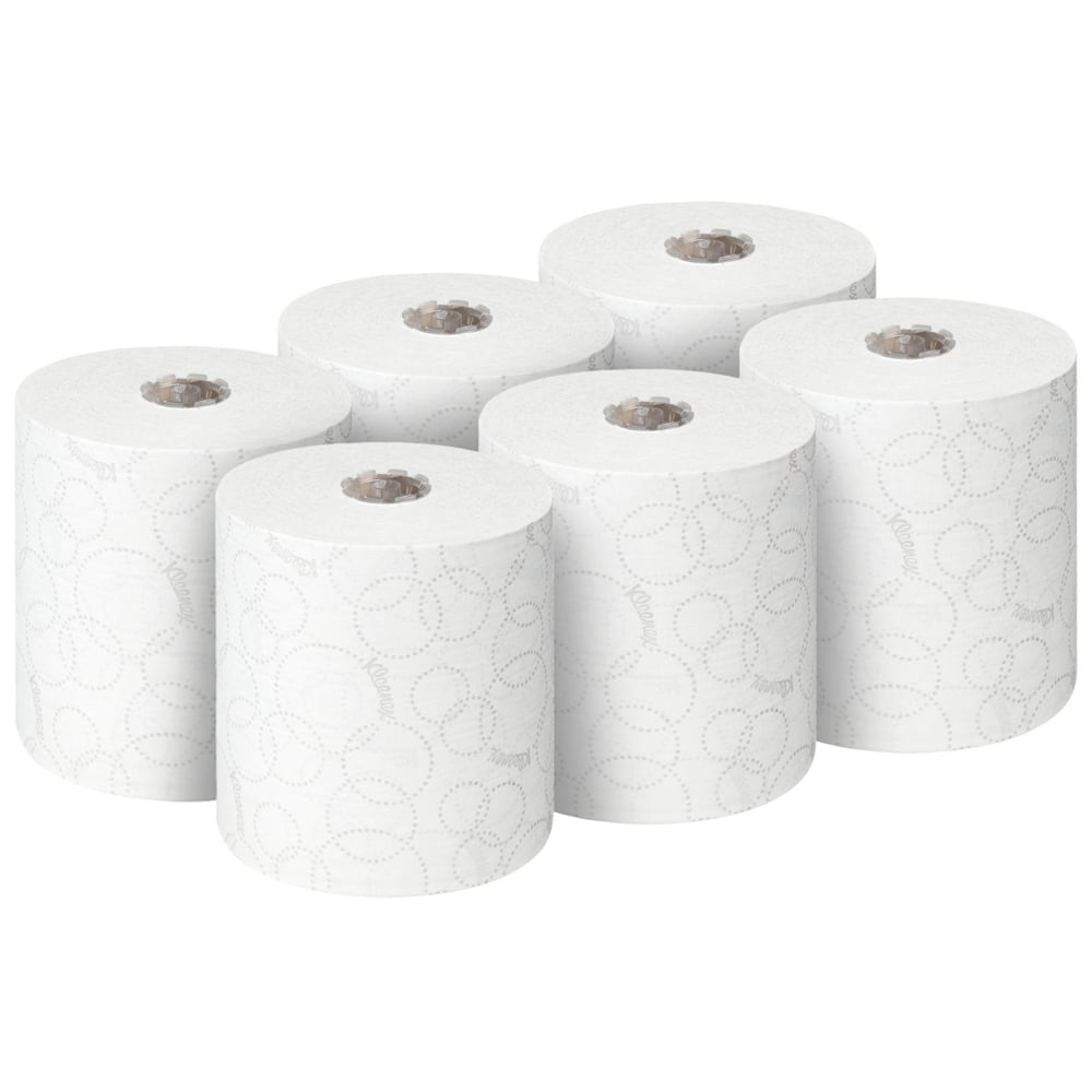Six rolls of Kleenex® ULTRA™ hand towels, each 150m, from Kimberly-Clark GmbH are depicted on a solid white background - ideal for hygienic hand drying. Each package contains 6 white rolls.
