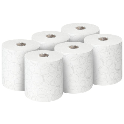 Six rolls of Kleenex® ULTRA™ hand towels, each 150m, from Kimberly-Clark GmbH are depicted on a solid white background - ideal for hygienic hand drying. Each package contains 6 white rolls.