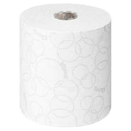 A Kleenex® ULTRA™ hand towel paper roll from Kimberly-Clark GmbH in white (150m, 6 rolls/box) with a dot pattern, ideal for hygienic hand drying. The roll stands upright on a white background.