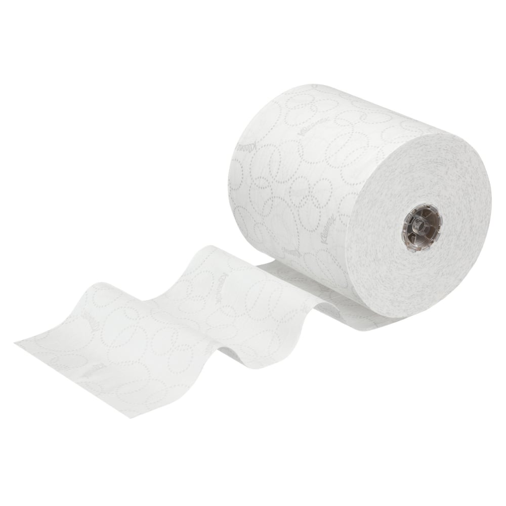 A partially unrolled white toilet paper roll shows perforated sheets and a subtle pattern - perfect for hygienic hand drying, similar to the Kleenex® ULTRA™ hand towel roll 150m (6 rolls) from Kimberly-Clark GmbH.