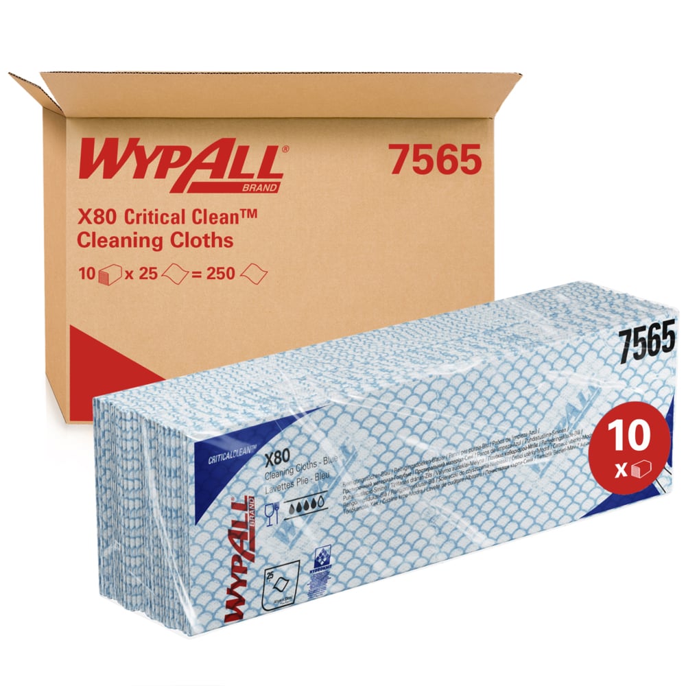 A box of WypAll® X80 Critical Clean - Interfold from Kimberly-Clark GmbH, with blue and white patterned cloths (41 x 33 cm); ideal for industrial cleaning. Packaging: 10 packs of 25 cloths, totaling 250.