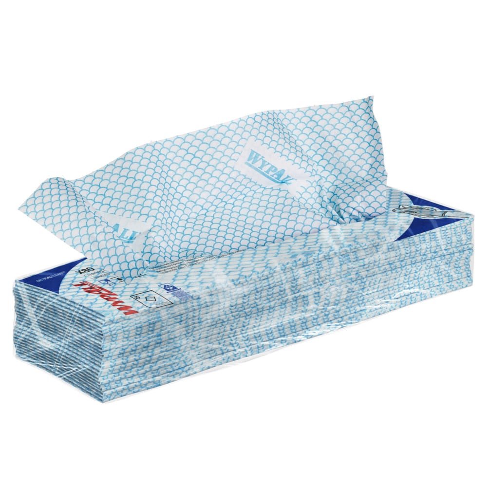 A rectangular box with blue and white WypAll® X80 Critical Clean - Interfold (41.00 cm x 33.00 cm) from Kimberly-Clark GmbH, from which a wipe is being pulled out. Both the box and the wipe are adorned with a scale pattern and the lettering "WYPALL".