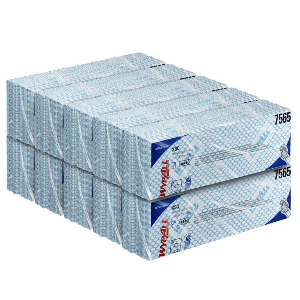 A stack of blue and white WypAll® X80 Critical Clean - Interfold boxes (41.00 x 33.00 cm) from Kimberly-Clark GmbH, arranged in two rows for industrial cleaning, with the product number 7565 visible on the side.