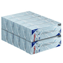 A stack of blue and white WypAll® X80 Critical Clean - Interfold boxes (41.00 x 33.00 cm) from Kimberly-Clark GmbH, arranged in two rows for industrial cleaning, with the product number 7565 visible on the side.