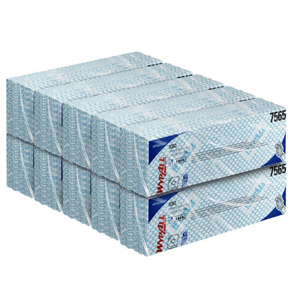 A stack of blue and white WypAll® X80 Critical Clean - Interfold boxes (41.00 x 33.00 cm) from Kimberly-Clark GmbH, arranged in two rows for industrial cleaning, with the product number 7565 visible on the side.