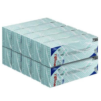 A stack of packaged Kimberly-Clark GmbH WypAll® X80 Critical Clean Interfold wipes (41x33 cm) in white packaging with green and blue accents, with the label 7566 on the side.