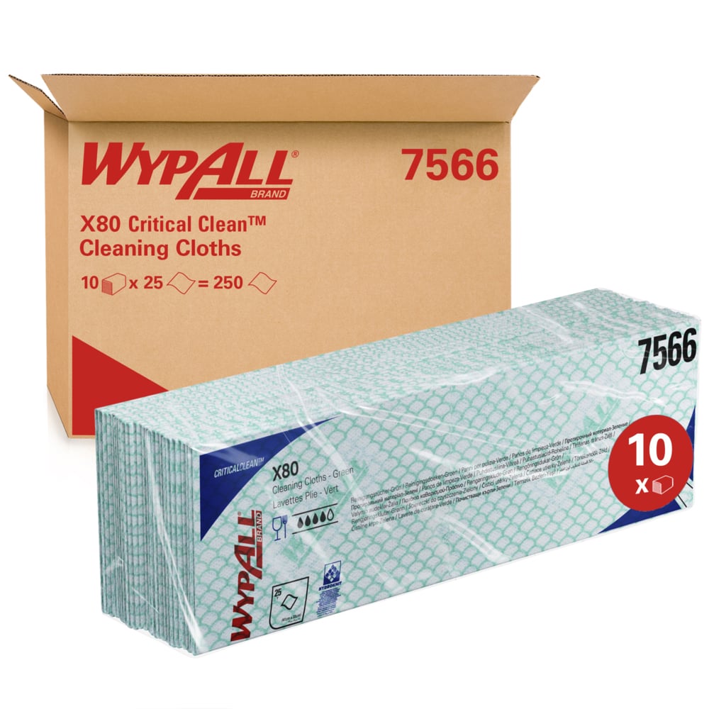 Pictured is a box labeled "WypAll® X80 Critical Clean - Interfold, 41.00 cm x 33.00 cm" from Kimberly-Clark GmbH with stacked cleaning cloths for critical environments in plastic packaging, indicating 10 packs of 25 cloths each for industrial cleaning.