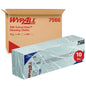 Pictured is a box labeled "WypAll® X80 Critical Clean - Interfold, 41.00 cm x 33.00 cm" from Kimberly-Clark GmbH with stacked cleaning cloths for critical environments in plastic packaging, indicating 10 packs of 25 cloths each for industrial cleaning.