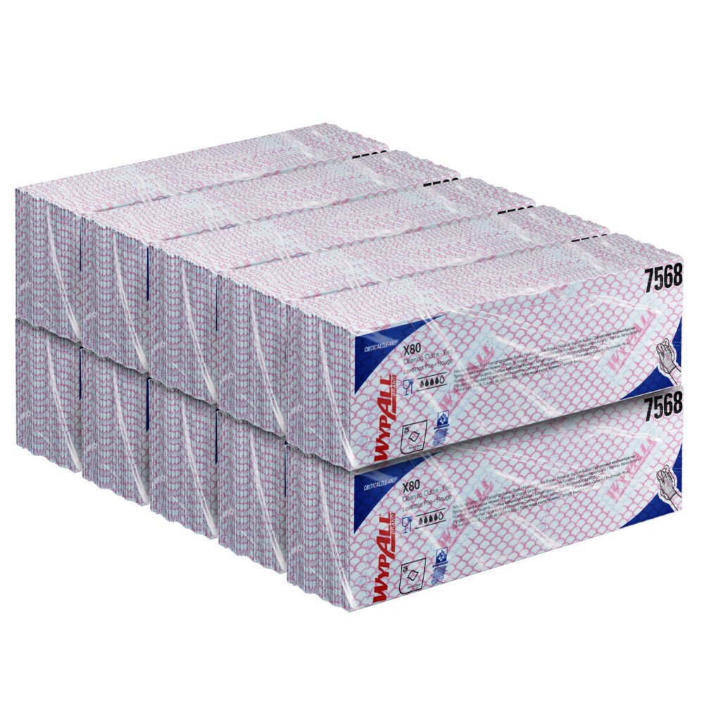 A stack of Kimberly-Clark GmbH WypAll® X80 Critical Clean Interfold Cloths (41 x 33 cm), item 7568, with a red-blue grid pattern, in two rows of four boxes each-ideal for critical environments.
