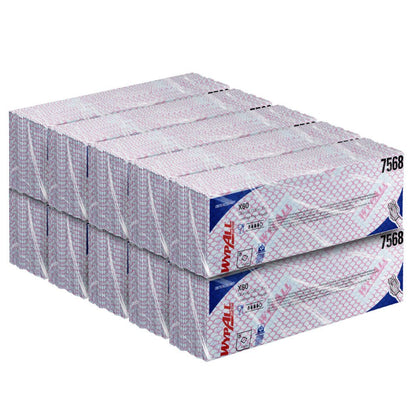 A stack of Kimberly-Clark GmbH WypAll® X80 Critical Clean Interfold Cloths (41 x 33 cm), item 7568, with a red-blue grid pattern, in two rows of four boxes each-ideal for critical environments.