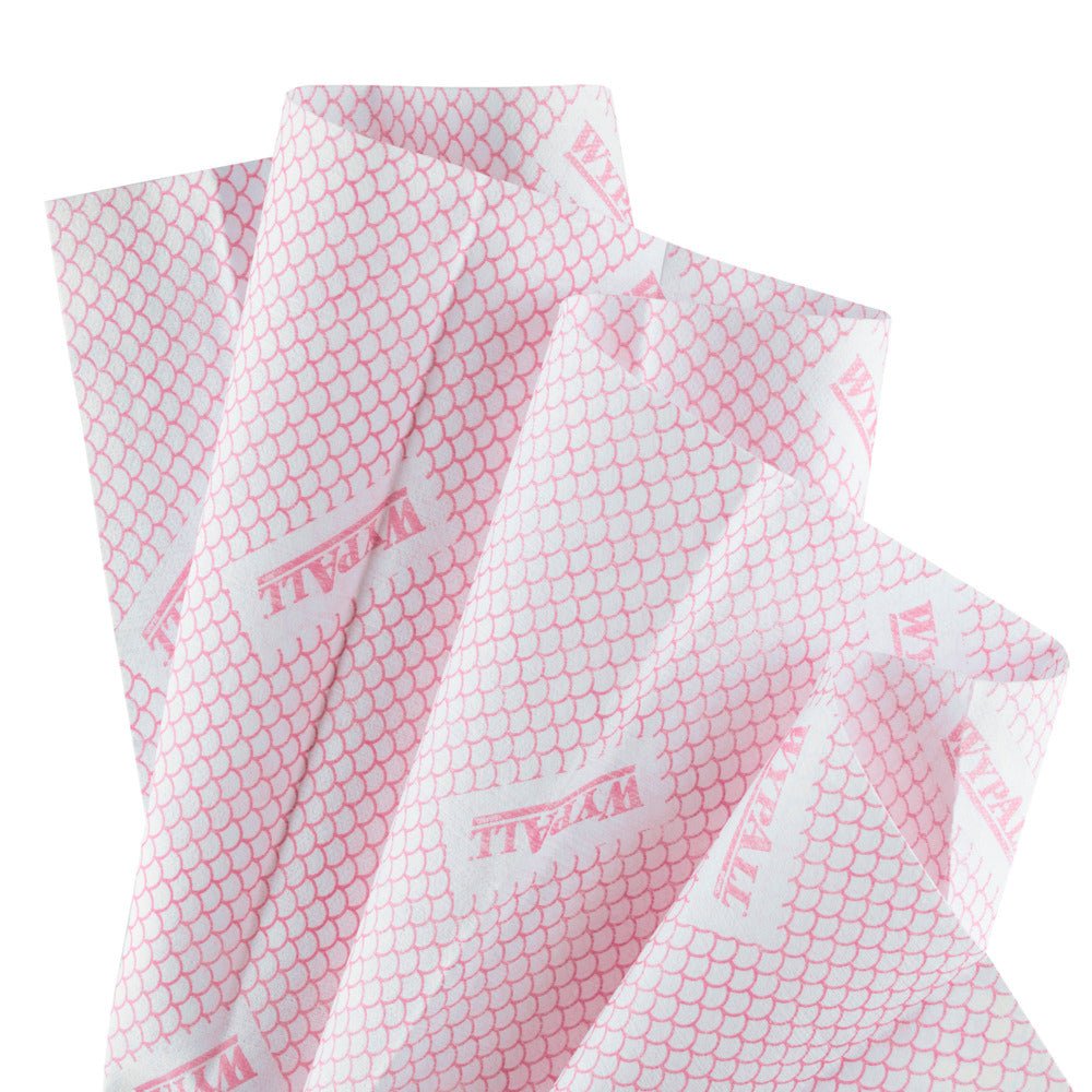 Several pink and white WypAll® X80 Critical Clean - Interfold Wipes (41.00 cm x 33.00 cm) from Kimberly-Clark GmbH are fanned out, showing a scale-like pattern and visible pink branding.