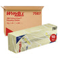 Behind yellow and white cleaning cloths for critical environments stands a box of WypAll® X80 Critical Clean - Interfold from Kimberly-Clark GmbH, marked with 10 packs of 25 pieces (250 in total) for industrial cleaning, each 41 x 33 cm.