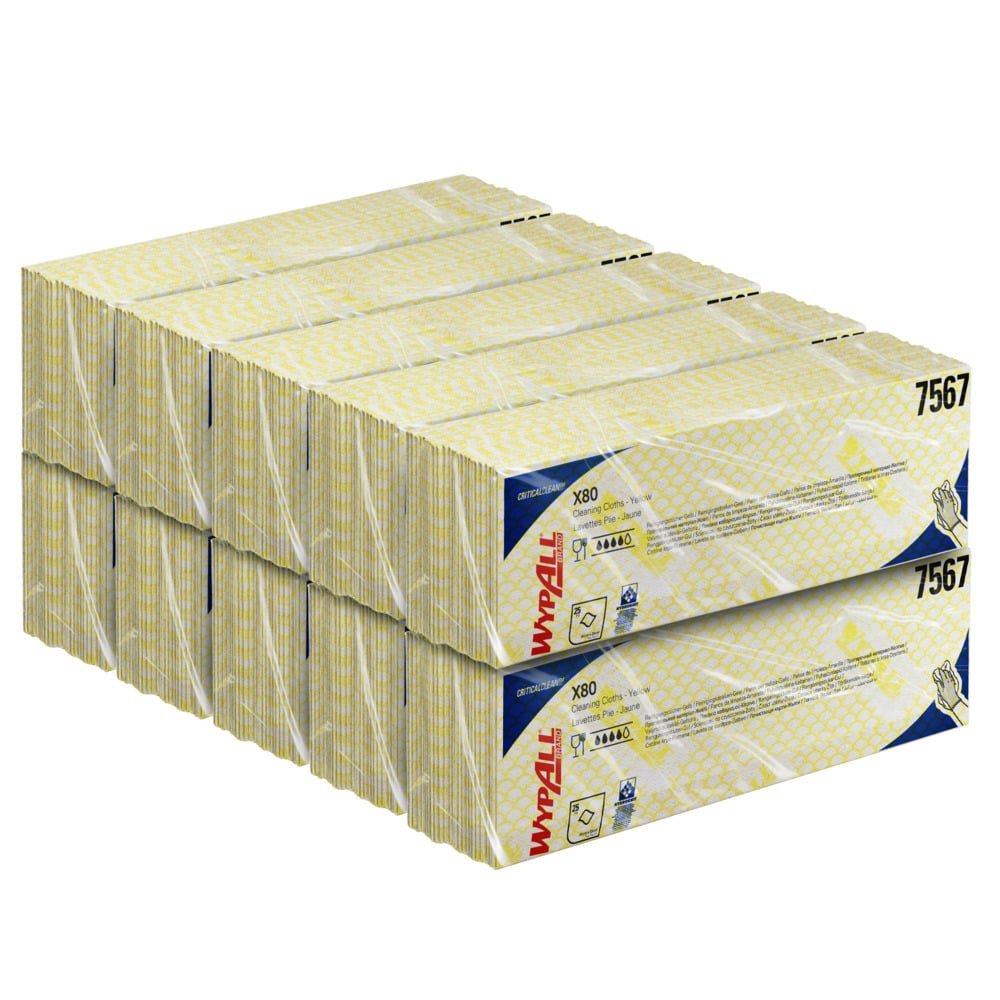 A large stack of WypAll® X80 Critical Clean - Interfold cleaning cloths (41.00 x 33.00 cm) from Kimberly-Clark GmbH, item 7567, in yellow, white, and blue boxes - ideal cleaning cloths for critical environments.