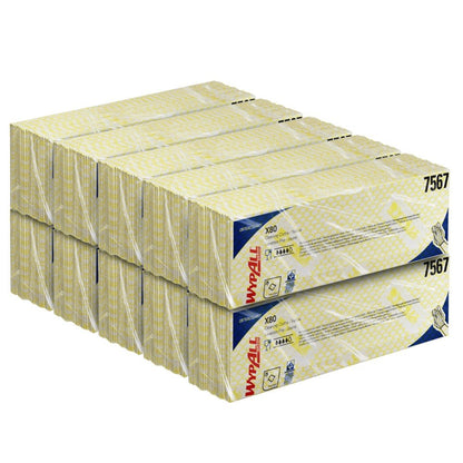 A large stack of WypAll® X80 Critical Clean - Interfold cleaning cloths (41.00 x 33.00 cm) from Kimberly-Clark GmbH, item 7567, in yellow, white, and blue boxes - ideal cleaning cloths for critical environments.