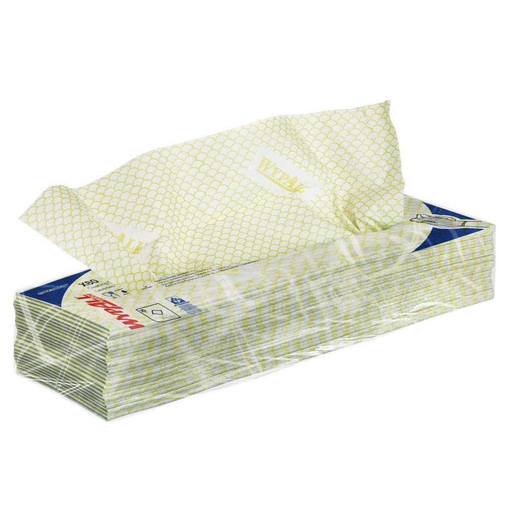 A rectangular box WypAll® X80 Critical Clean - Interfold (41 x 33 cm) from Kimberly-Clark GmbH, partially open, with a napkin protruding. The predominantly transparent packaging has blue and red lettering, ideal for industrial cleaning.