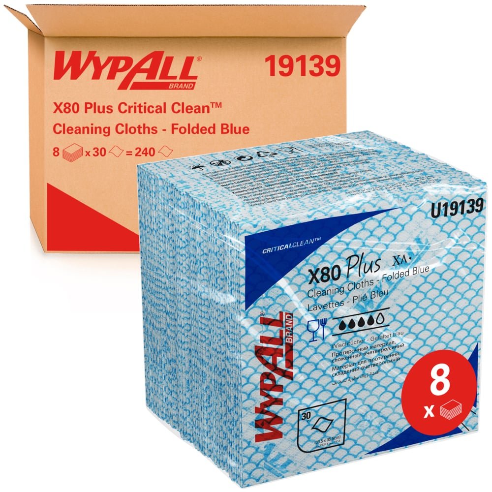 A carton of Kimberly-Clark GmbH WypAll® X80 Plus Critical Clean, blue quarter-folded wipes for critical environments, contains 8 packs with 30 sheets each (a total of 240 cleaning wipes).