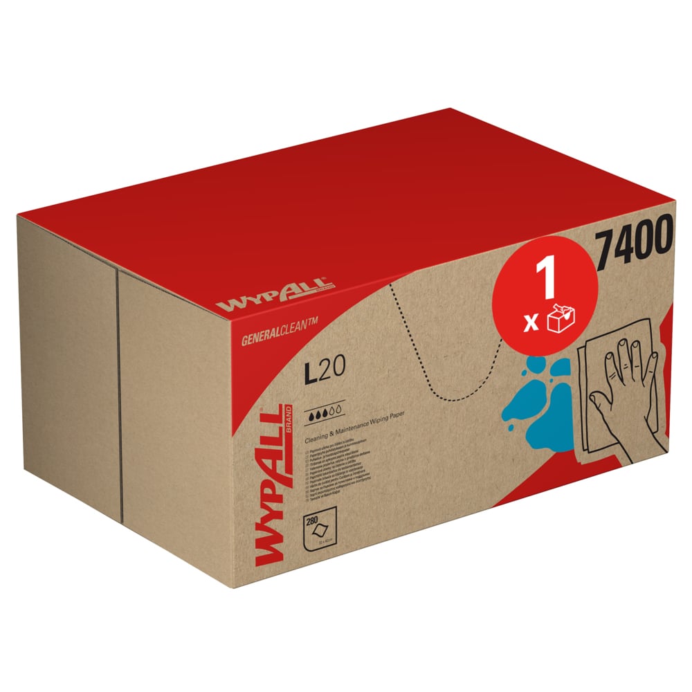 A blue WypAll® L20 General Clean BRAG™ Box from Kimberly-Clark GmbH with branding and symbols shows that it contains 280 cleaning cloths for general and industrial use. On the right side of the box is the image of a hand wiping a surface.