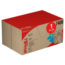 A blue WypAll® L20 General Clean BRAG™ Box from Kimberly-Clark GmbH with branding and symbols shows that it contains 280 cleaning cloths for general and industrial use. On the right side of the box is the image of a hand wiping a surface.